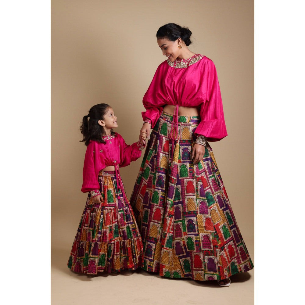 THETAA Pink Hand-Embroidered Crop Top with Lehenga (Set of 2)