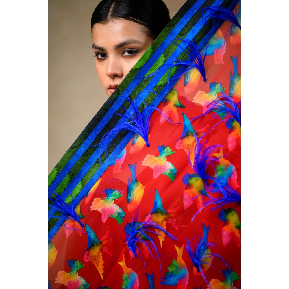 THETAA Red Saree with Stitched Blouse and Petticoat