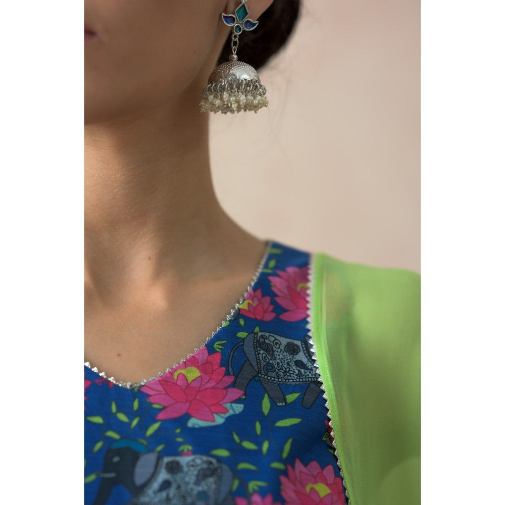 THETAA Green Elephant Motifs with Floral Print Peplum Top with Sharara and Dupatta (Set of 3)