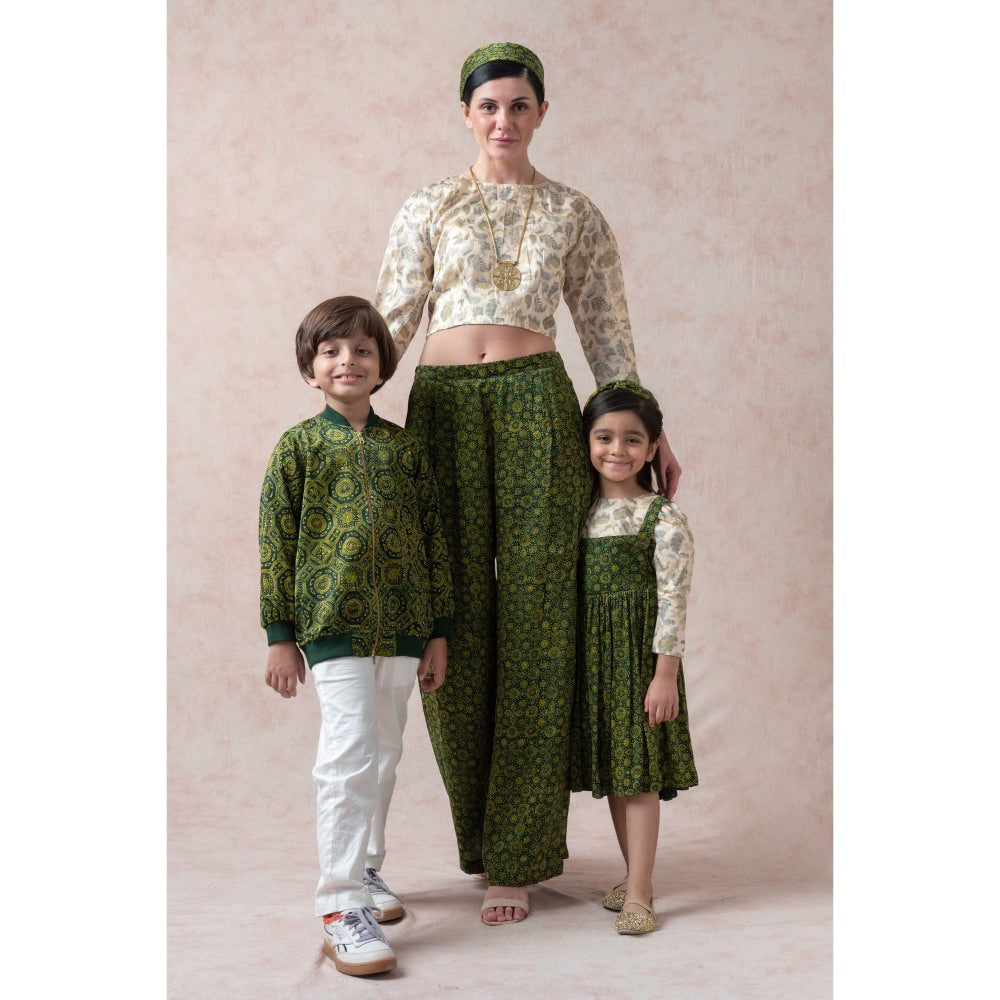 THETAA Beige Crop Top with Ajrak Print Pleated Pants (Set of 2)