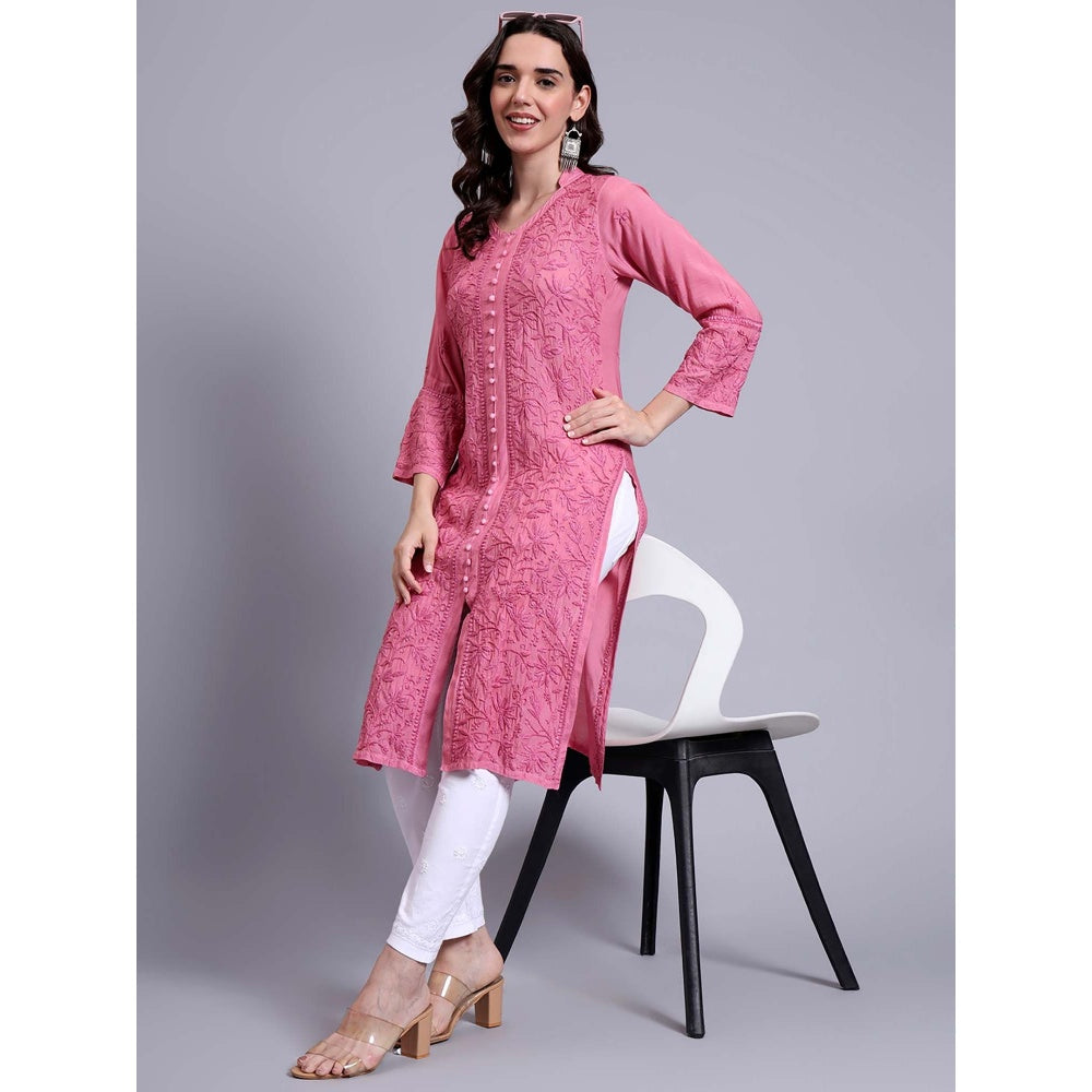 The Chikan Label Womens Muslin Authentic Chikankari Hand-Embroidered Kurta - Pink