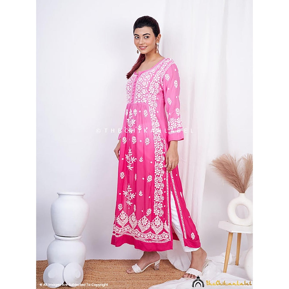The Chikan Label Vidhi Muslin Chikankari Straight Kurti - Pink