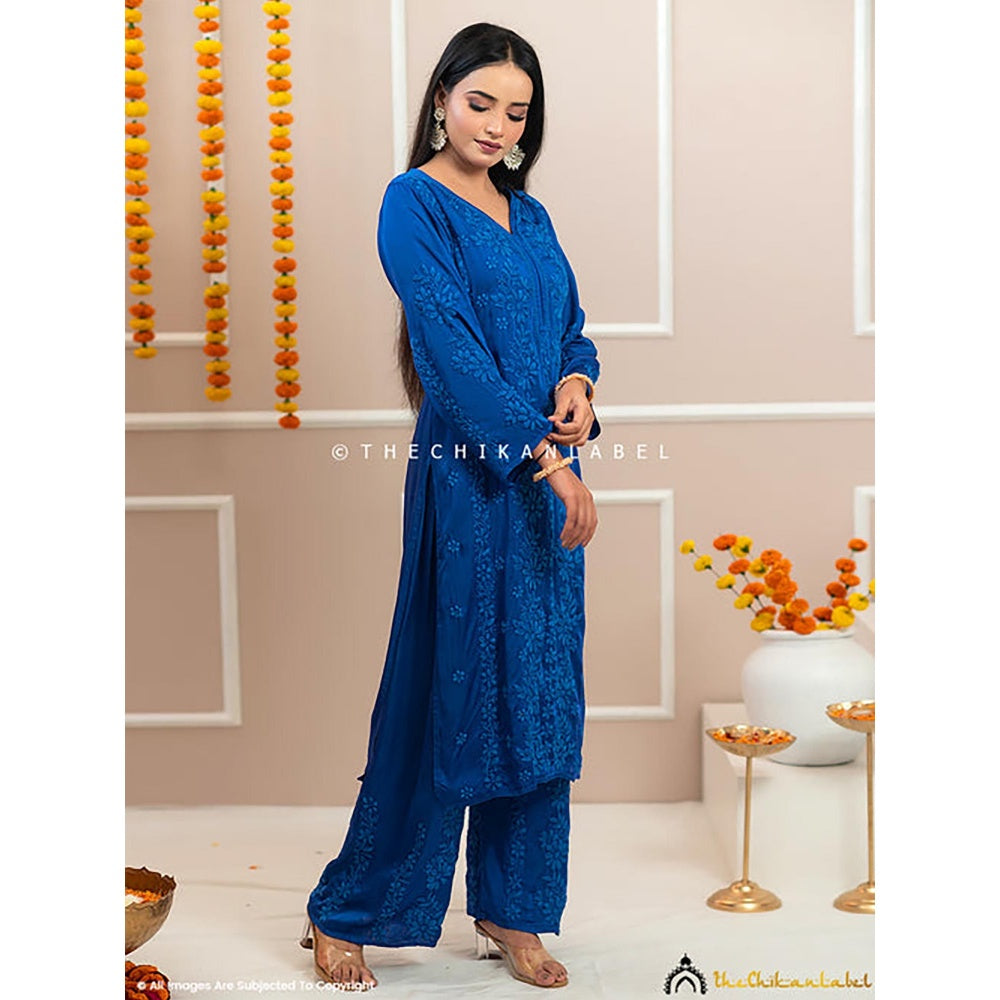 The Chikan Label Noor-E-Bahar Blue Satin Modal Chikankari Kurta Set