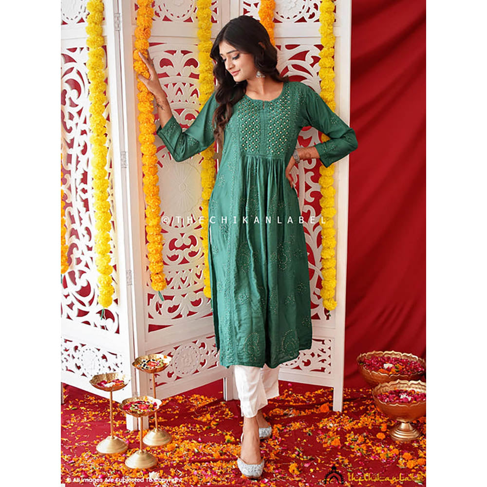 The Chikan Label Green Rooh Chanderi Chikankari A-Line Kurti