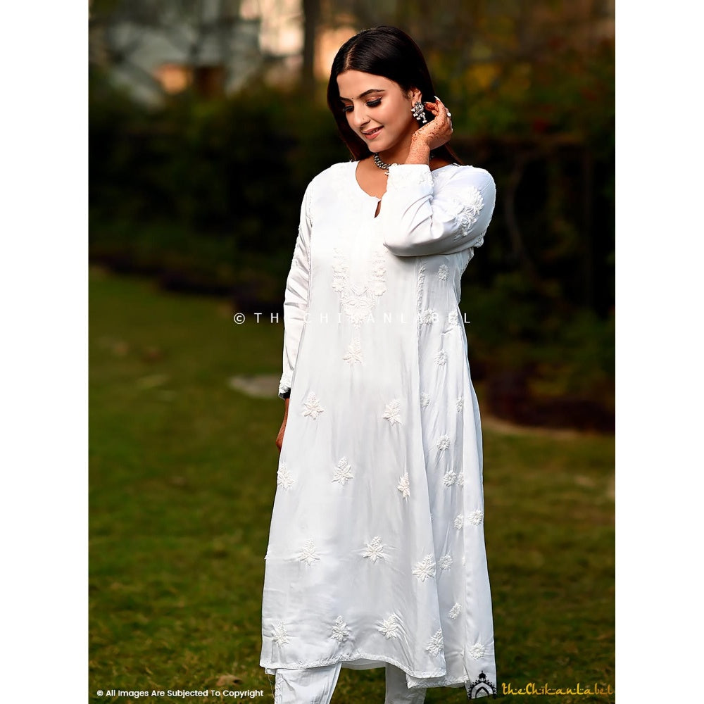 The Chikan Label White Isha Modal Satin Chikankari A-Line Kurta