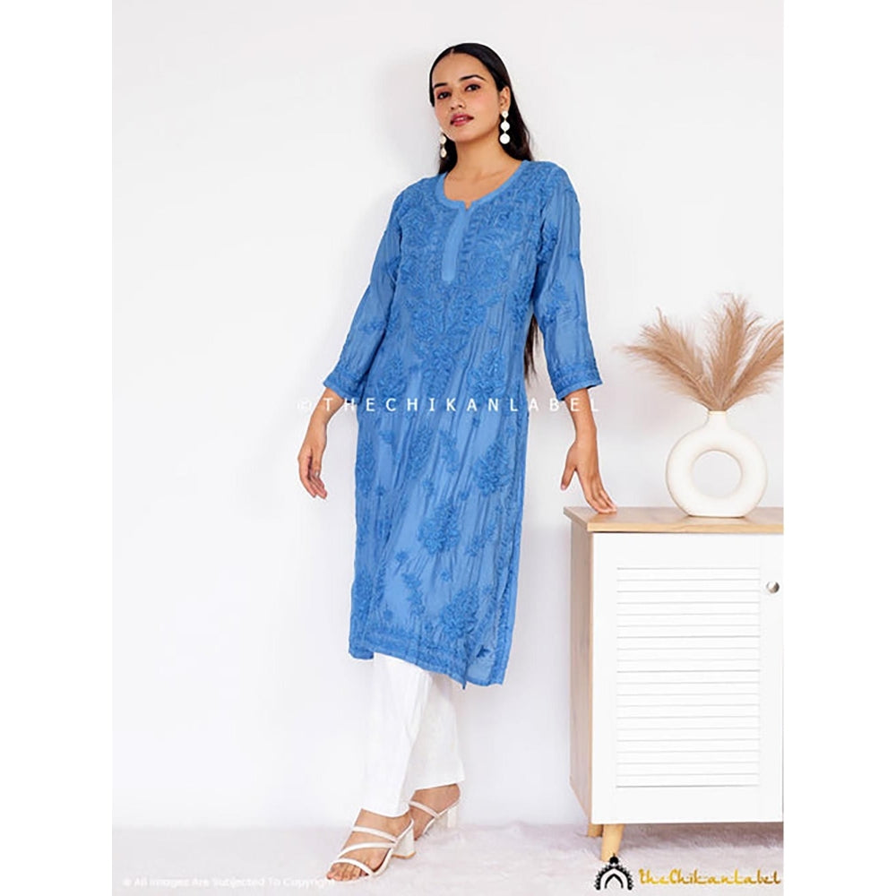 The Chikan Label Daksha Muslin Chikankari Straight Blue Kurta