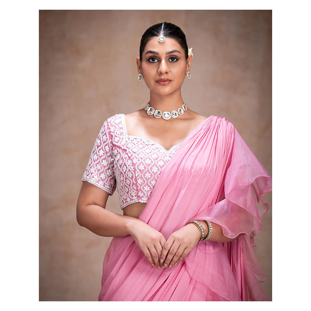 THE FRONT ROW COUTURE BY SEEMA KASHYAP Pre-Draped Baby Pink Saree with Stitched Blouse