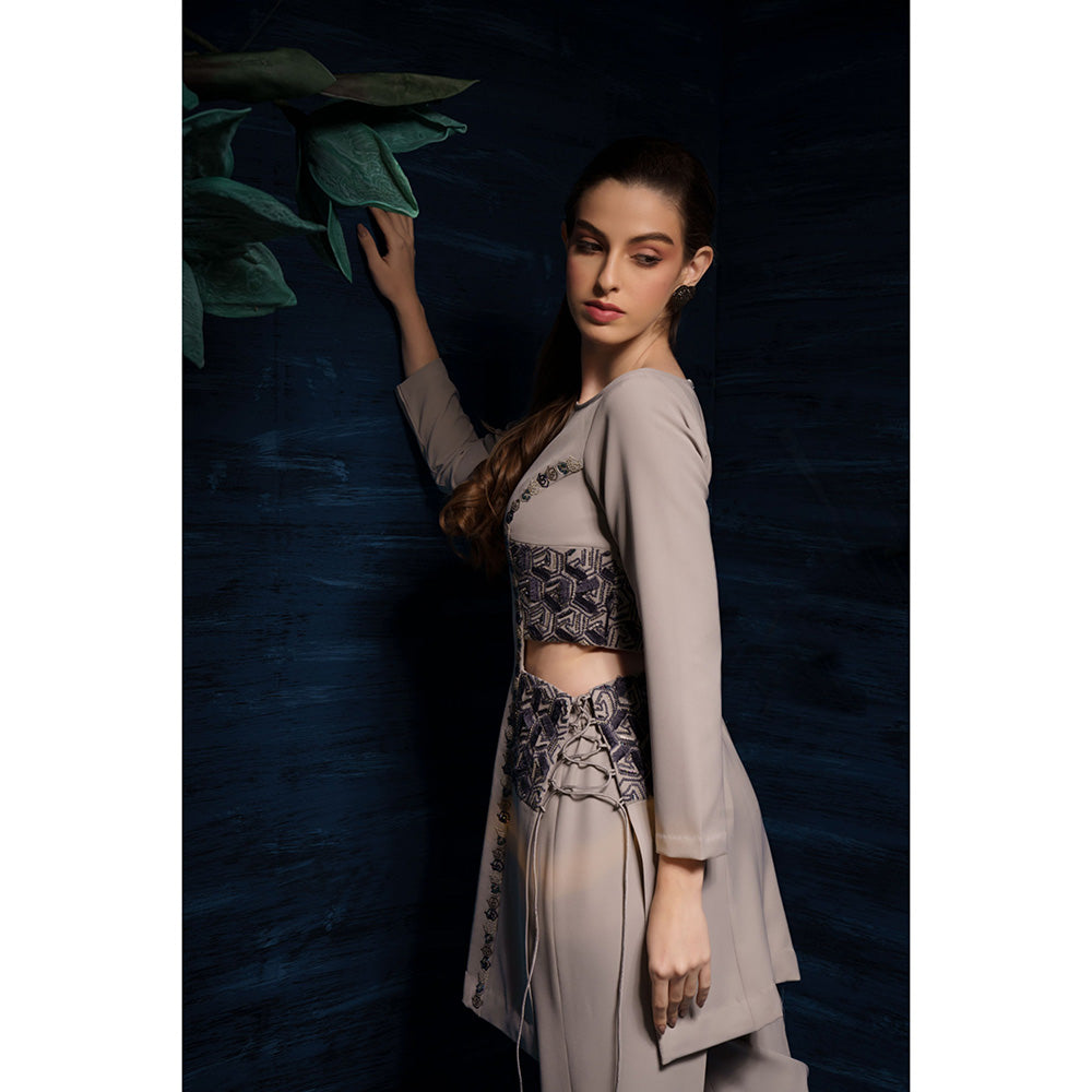 THE SILK LOVE Womens Lycra Embroidered Grey Co-Ord Set