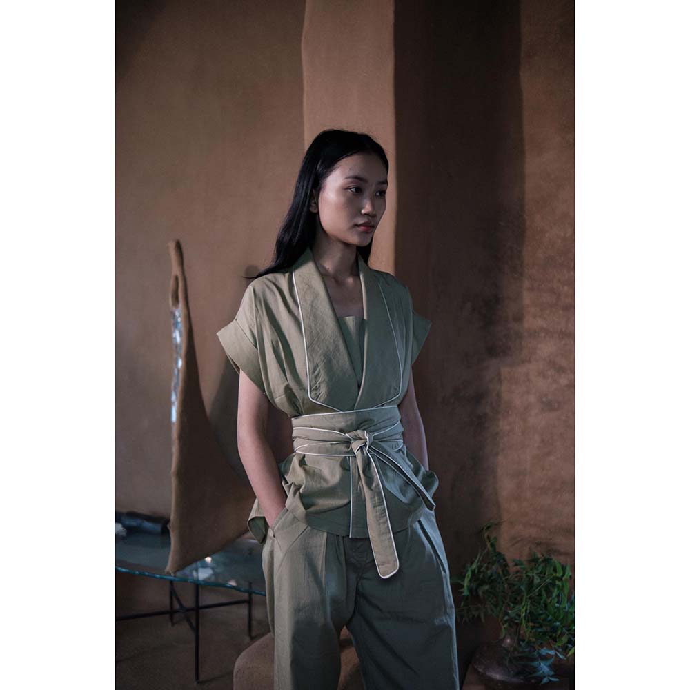 The Terra tribe Khaki Berlin Shawl Collar Jacket with Belt (Set of 2)