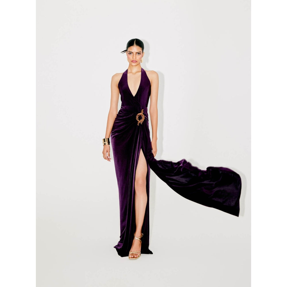 TISHARTH BY SHIVANI Purple Halter Neck Draped Velvet Gown