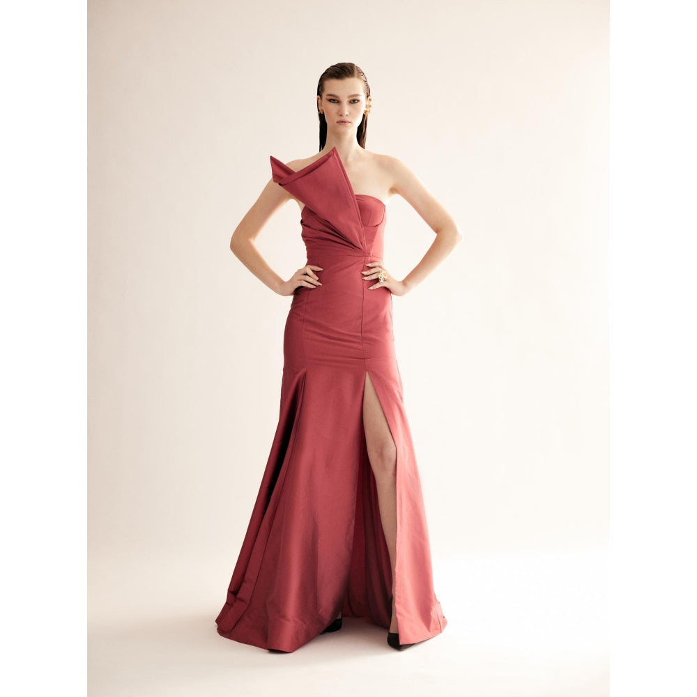 TISHARTH BY SHIVANI Red Astro Dust Taffeta Silk Gown with Wrap Detail