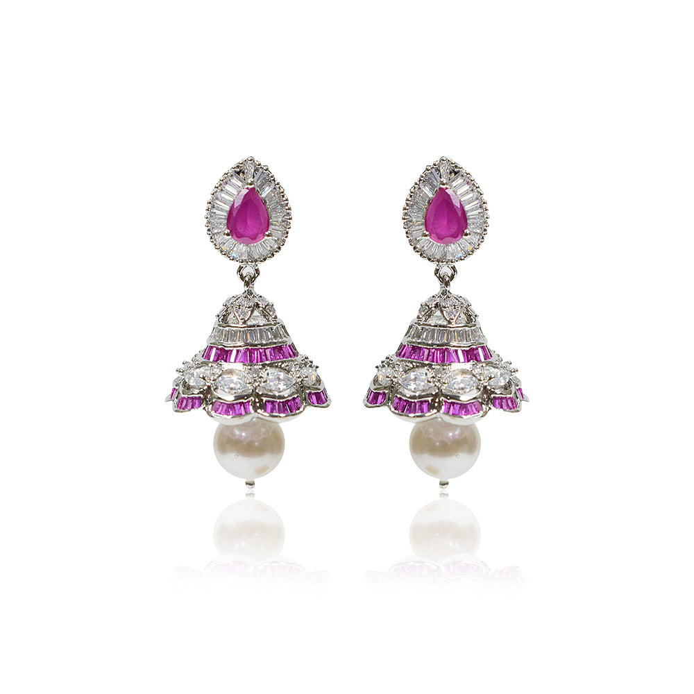 TIZORA Deep Pink Stones and Baguettes Jhumkis