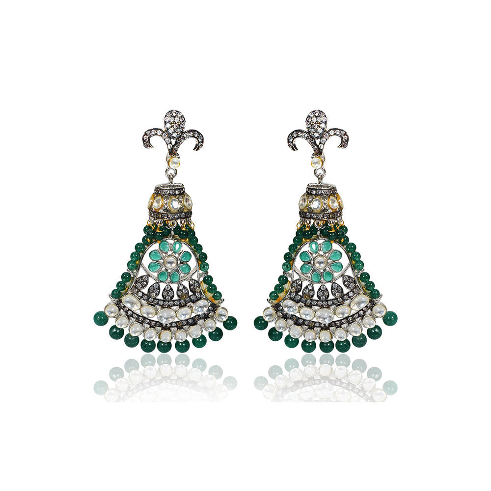 TIZORA Antique Finish Green Stone Diamond Earrings