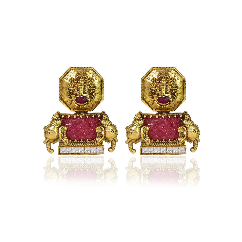TIZORA Gold Plated Antique Red Ganesh Earrings