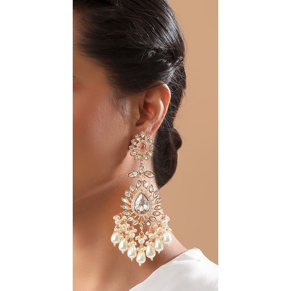 TIZORA Classic White Kundan Pearl Bridal Earrings