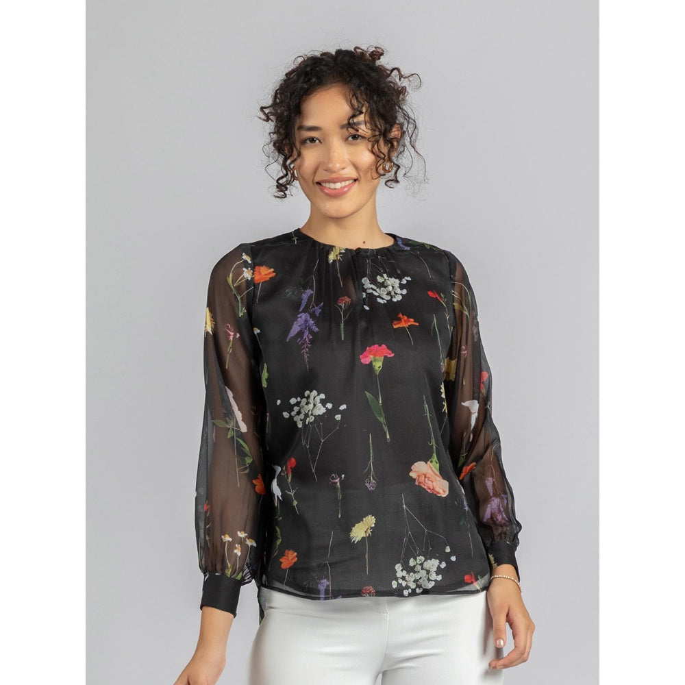 Torsha Black Printed Front Button Opening Top