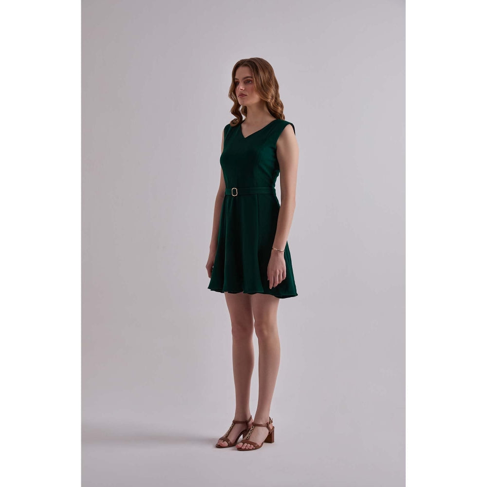 Torsha Green Polyester Emerald Daze Mini Dress with Belt for Women