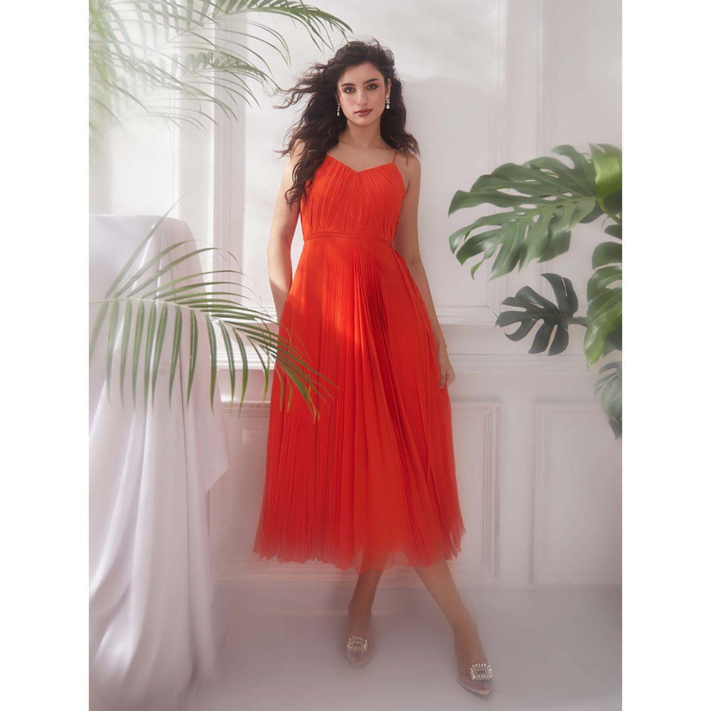 Torsha Orange Crush Midi Georgette Dress for Women