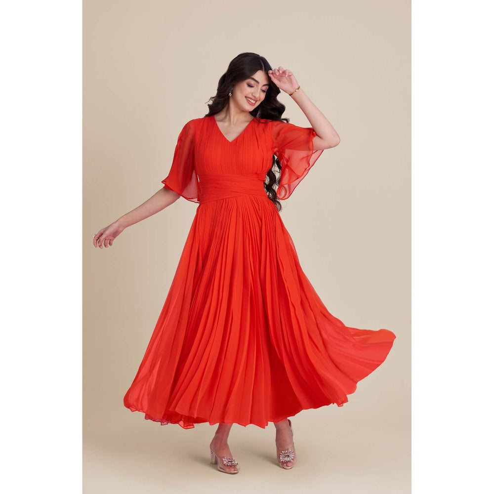 Torsha Orange Sun Flared Pleat Midi Dress