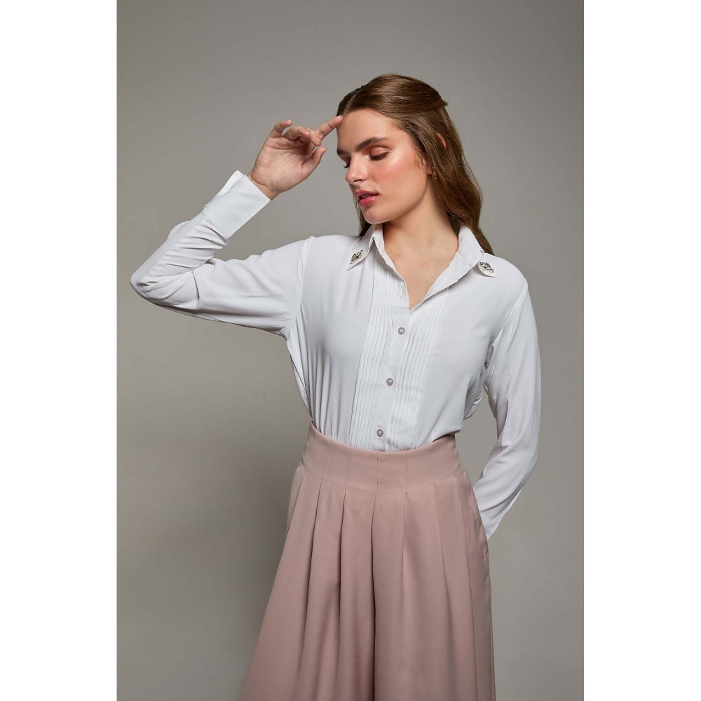 Torsha White Polyester Midnight Bloom Shirt for Women