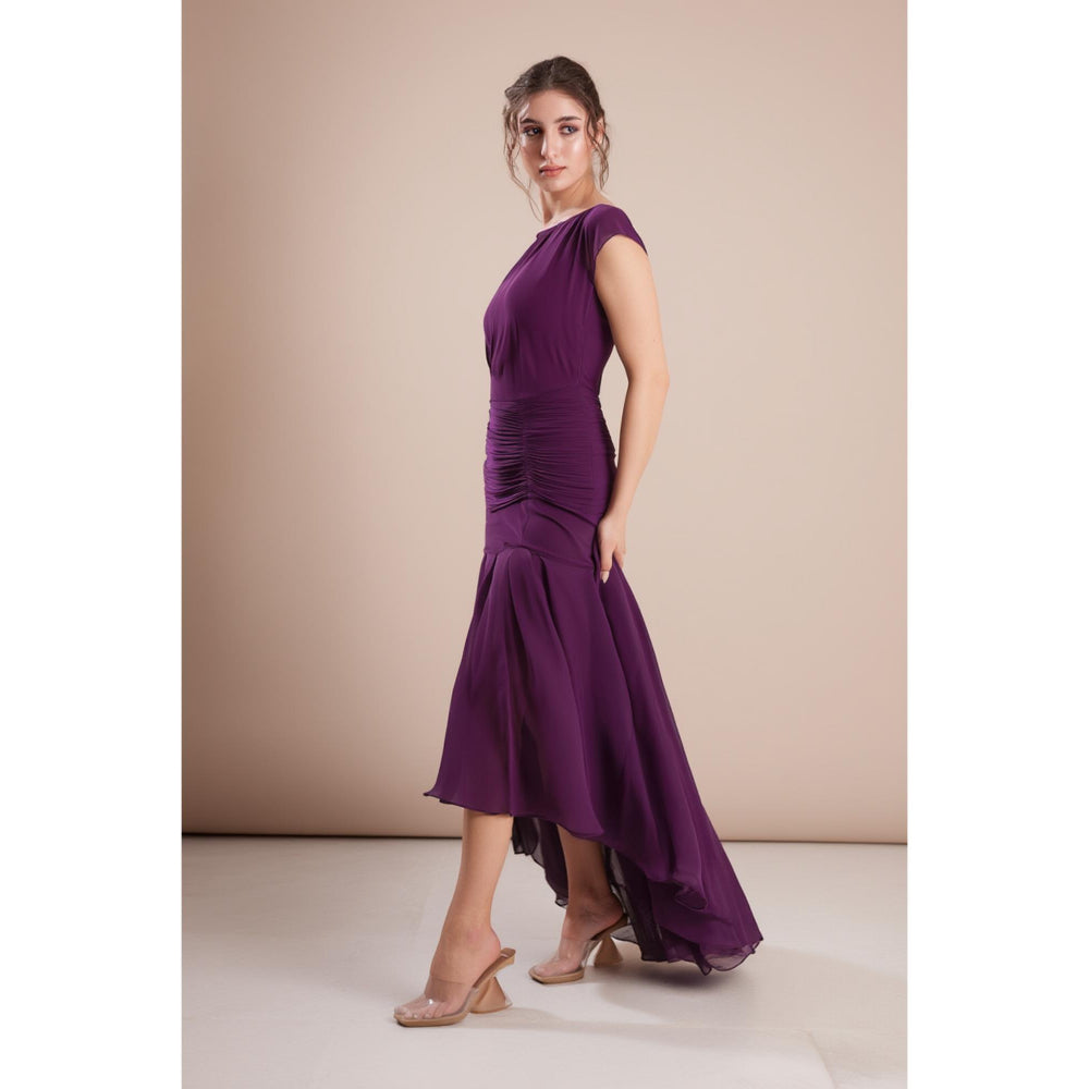 Torsha Deep Purple High-Low Georgette Dress with Ruched Waist