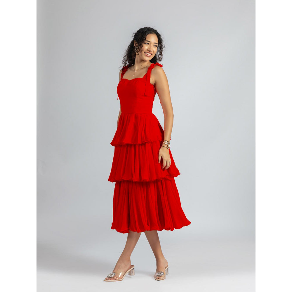 Torsha Strappy Red Ruffle Corset Tiered Midi Dress