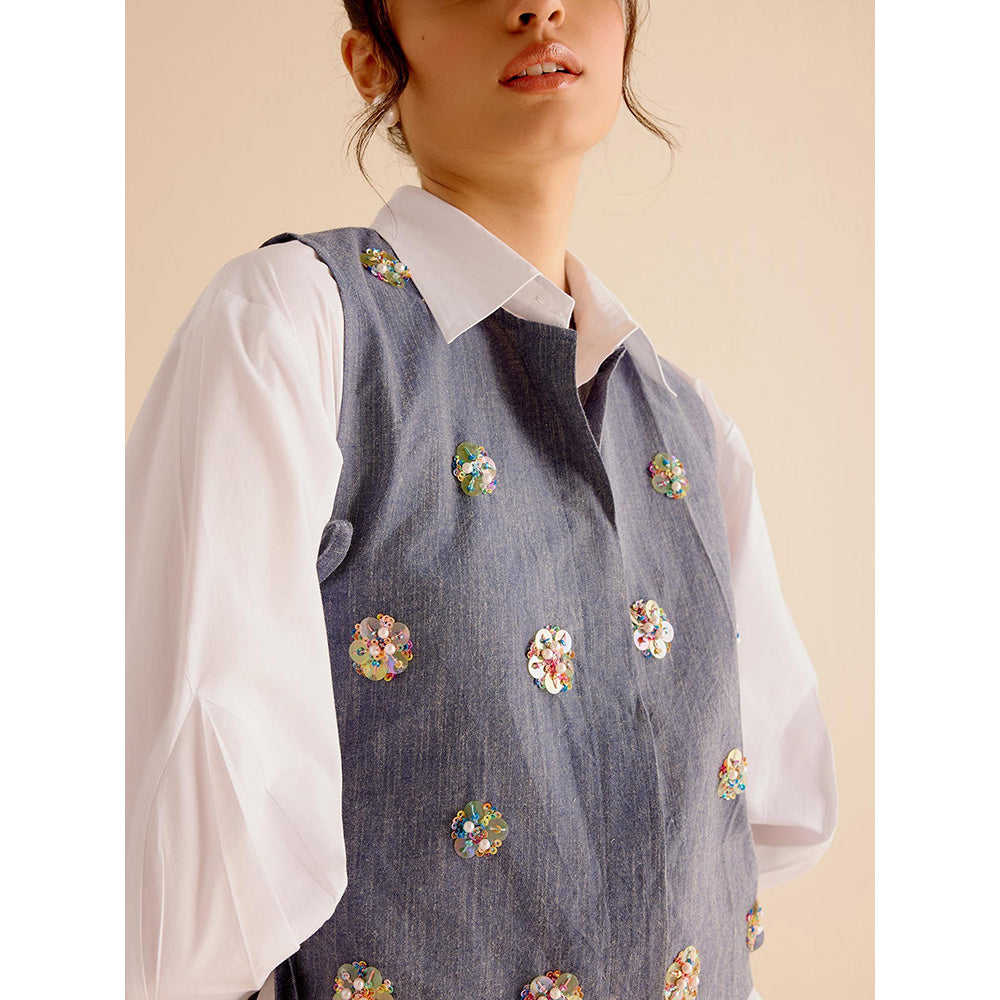 TRISARA Grey Poppy Cascade Shirt with Pant and Crop Jacket (Set of 3)