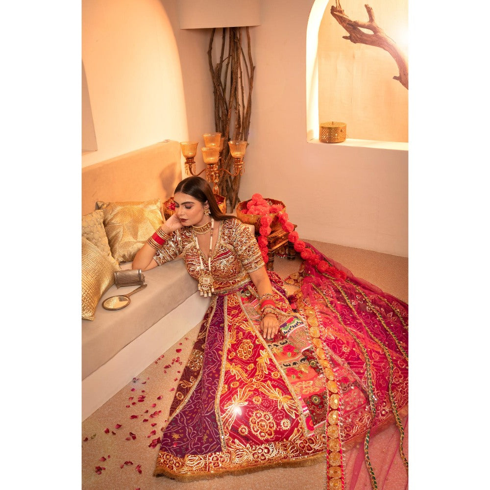 Tussya by Shreya Regal Multi-Color Orchid Bandhani Lehenga with Blouse and Dupatta (Set of 3)