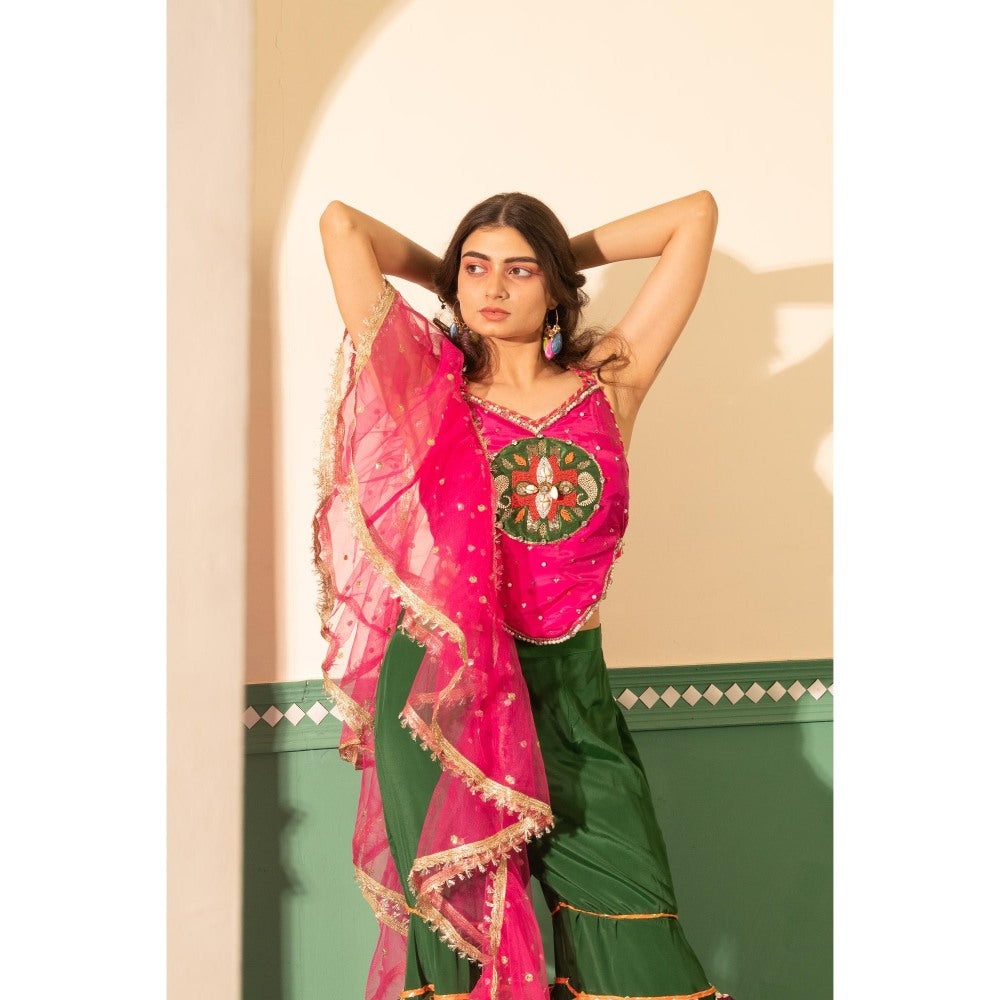 Tussya by Shreya Roohani Multi-Color Crop Top with Sharara and Dupatta (Set of 3)