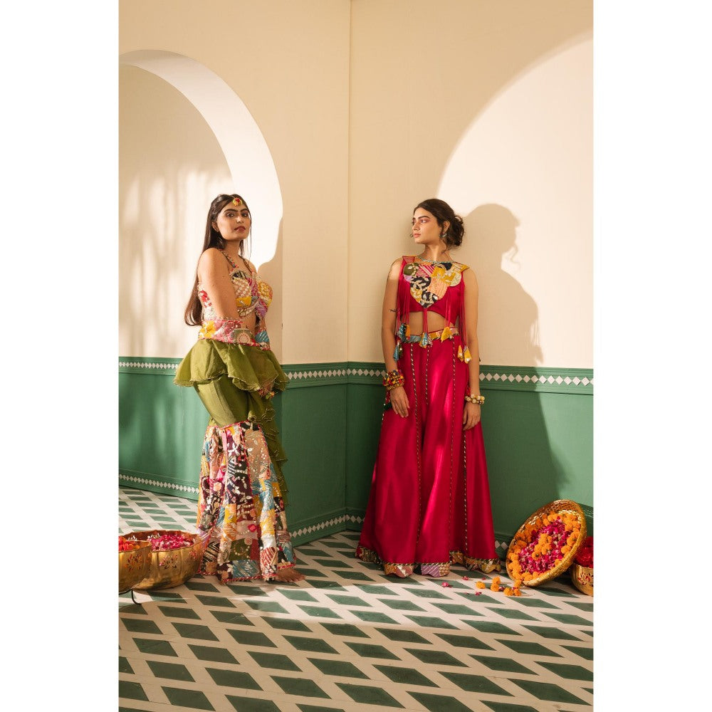Tussya by Shreya Gotta Multi-Color Kinari Blouse with Sharara and Dupatta (Set of 3)