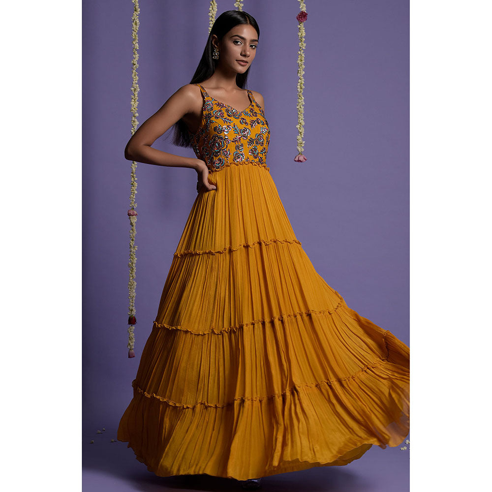 "Two Sisters" by Gyans Mustard with Multi coloured Sequins Embroidered Gown