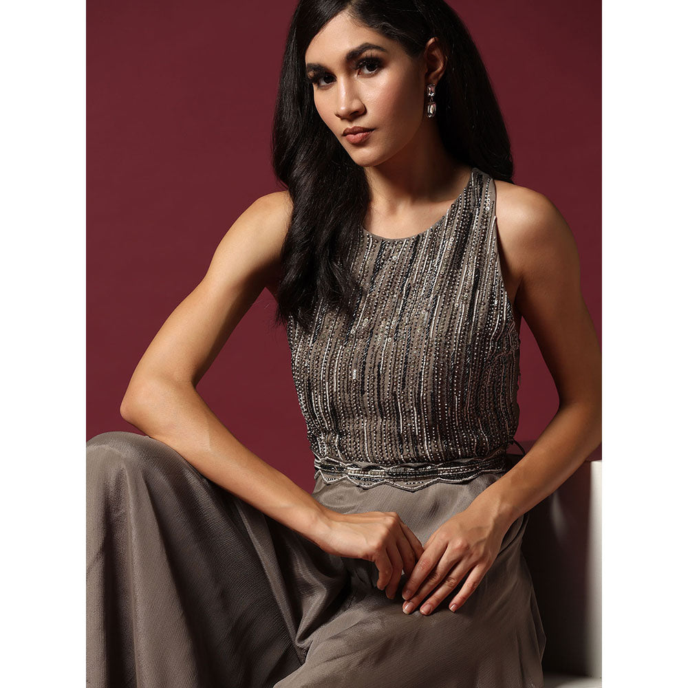 "Two Sisters" by Gyans Grey Chiffon Hand Embroidered Jumpsuit (Set of 2)