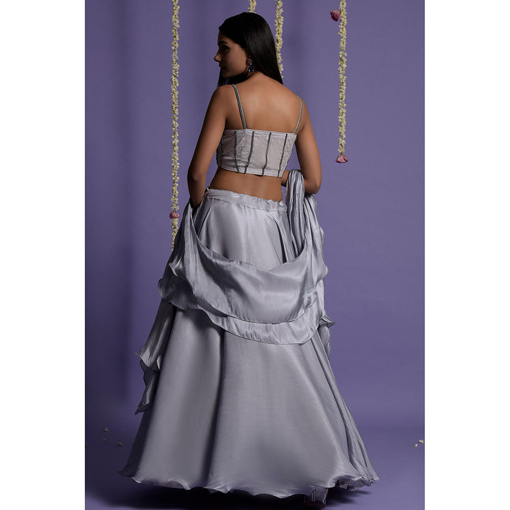 "Two Sisters" by Gyans Ash Grey Satin Lehenga with Blouse & Dupatta (Set of 3)