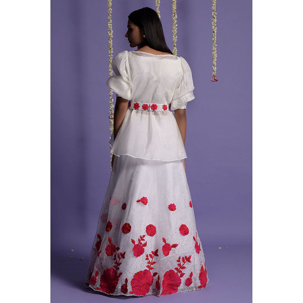 "Two Sisters" by Gyans White Organza Floral Appliqued Lehenga with Top & Belt (Set of 3)