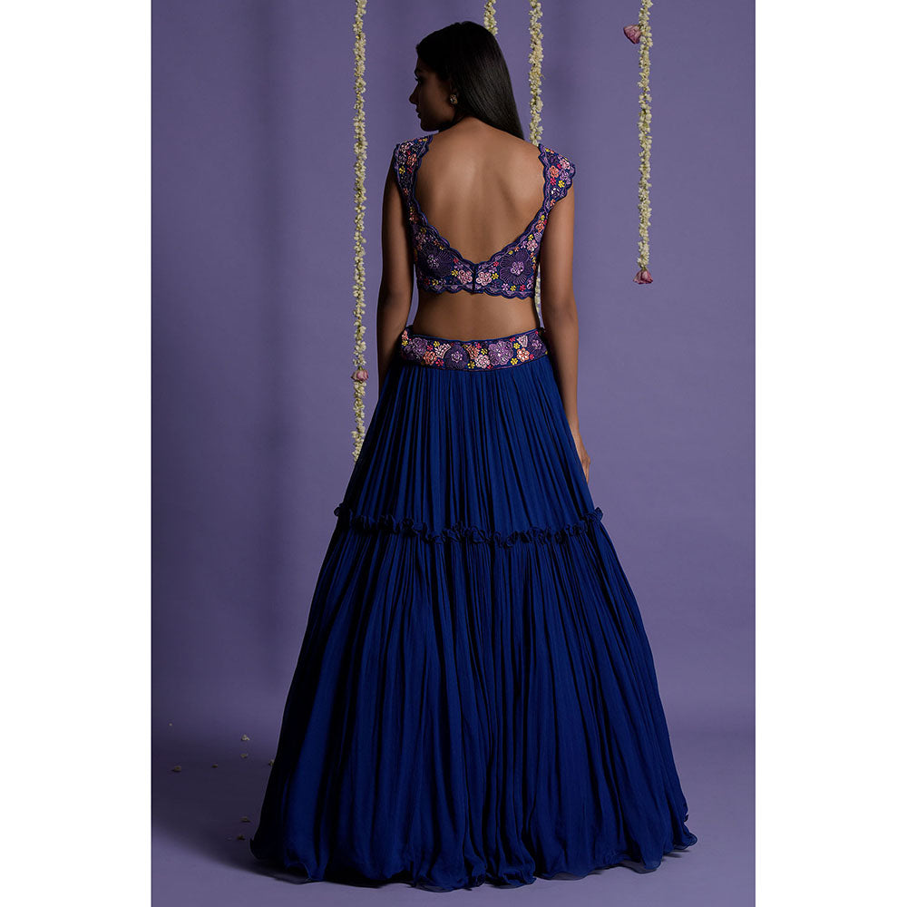 "Two Sisters" by Gyans Bright Royal Blue Embroidered Lehenga with Blouse & Cape (Set of 3)