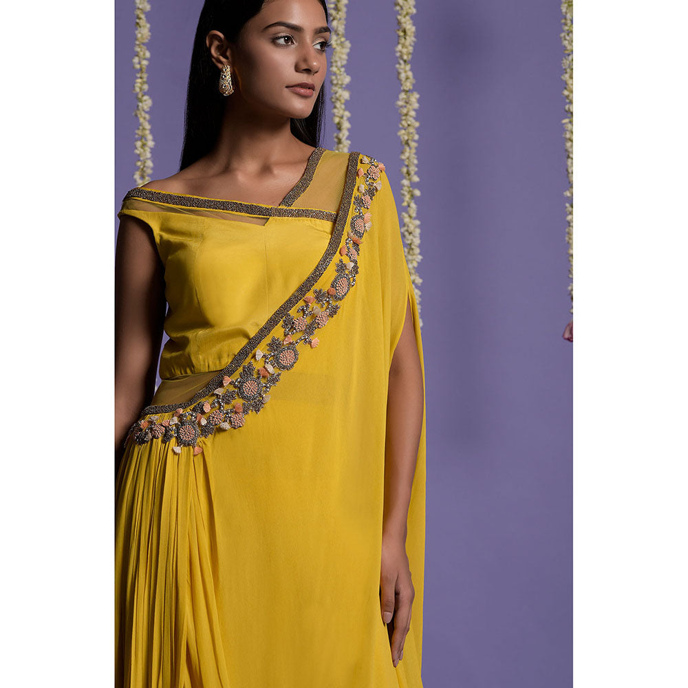 "Two Sisters" by Gyans Yellow Georgette Embroidered Draped Saree without Blouse