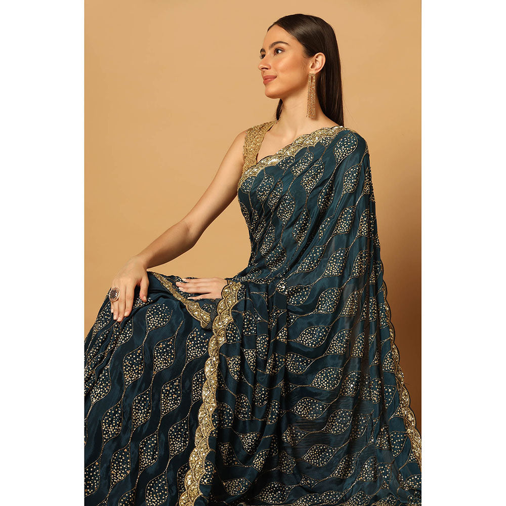 "Two Sisters" by Gyans Teal Gold Jaal Embroidered Saree with Unstitched Blouse