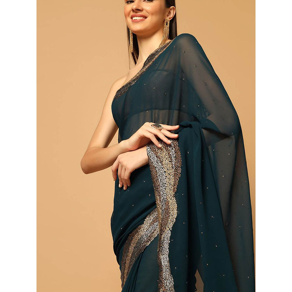 "Two Sisters" by Gyans Teal Blue Embroidered Saree with Unstitched Blouse