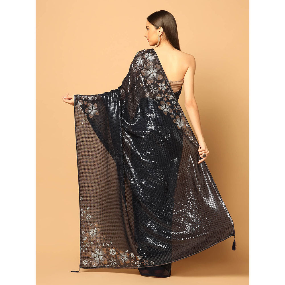 "Two Sisters" by Gyans Black Sequins and Crystal Floral Work Saree with Unstitched Blouse