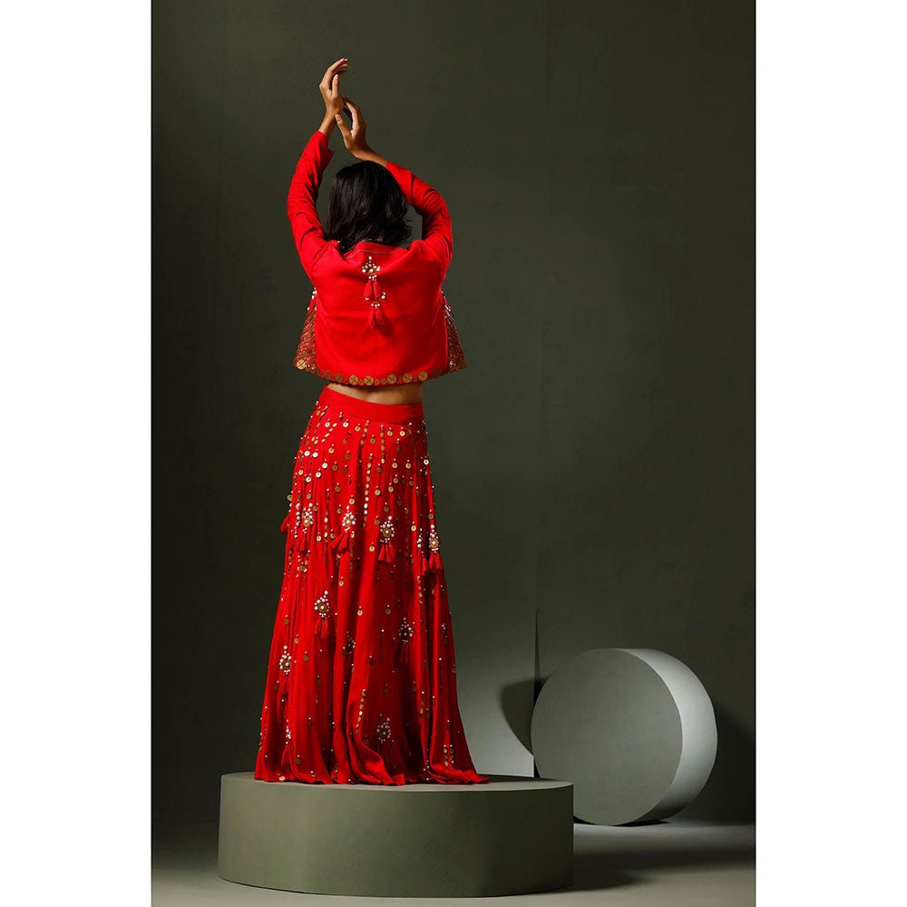 "Two Sisters" by Gyans The Red Son Chidiya Lehenga with Blouse and Jacket (Set of 3)