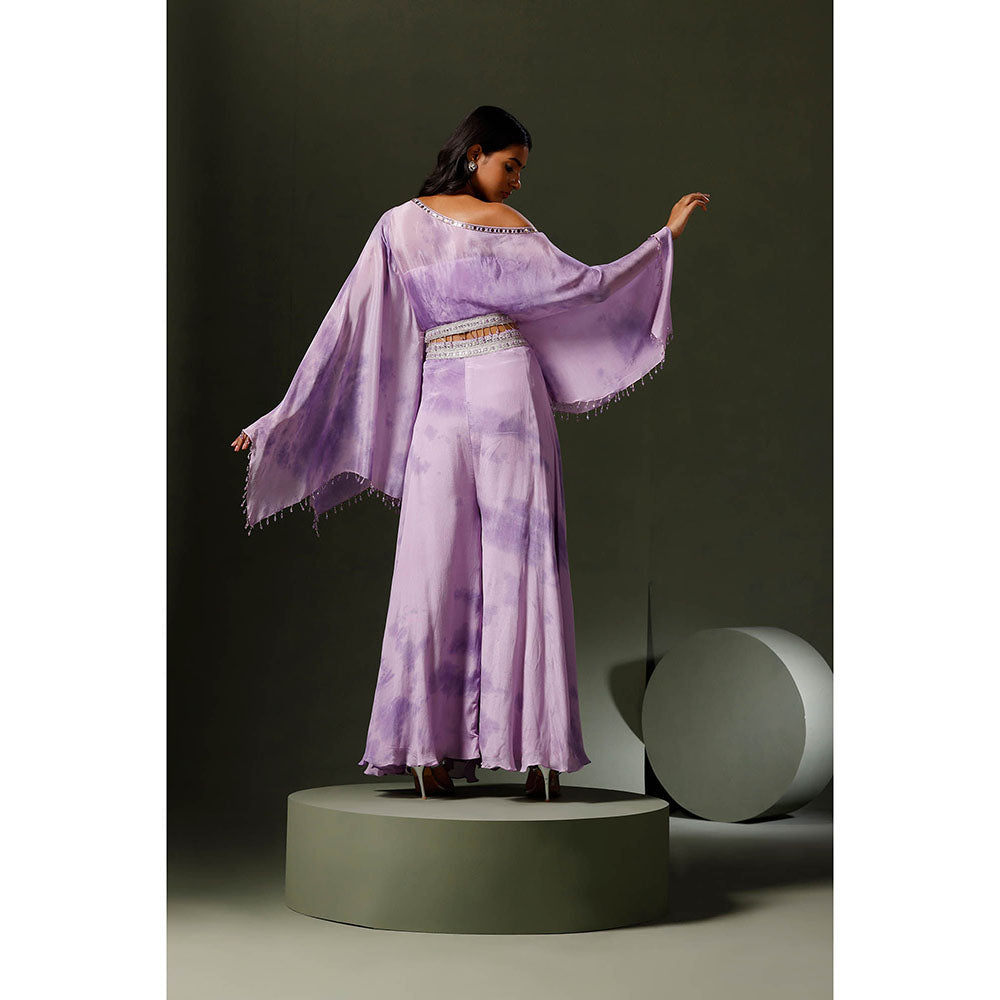 "Two Sisters" by Gyans Purple Tie & Dye Crop Top with Sharara Pants (Set of 2)