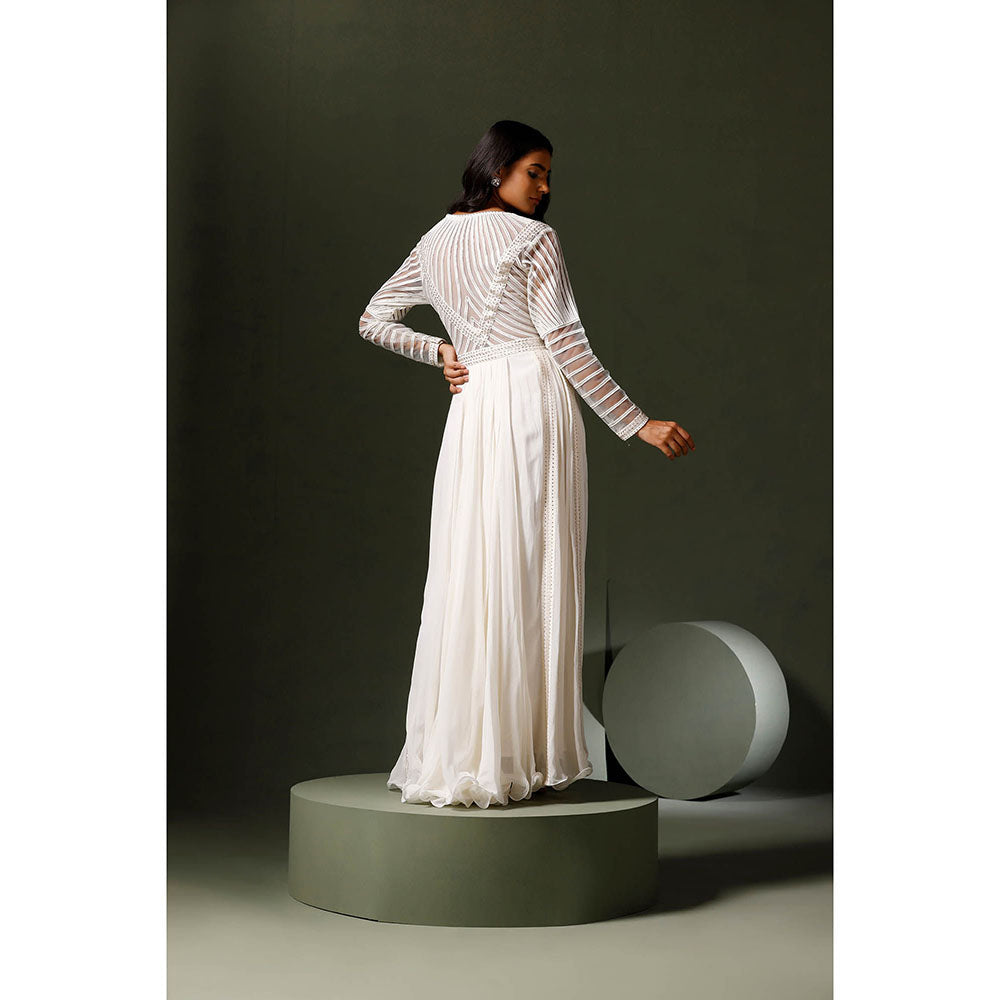 "Two Sisters" by Gyans White Lace and Crystal Anarkali with Bodice Net and Dupatta (Set of 3)