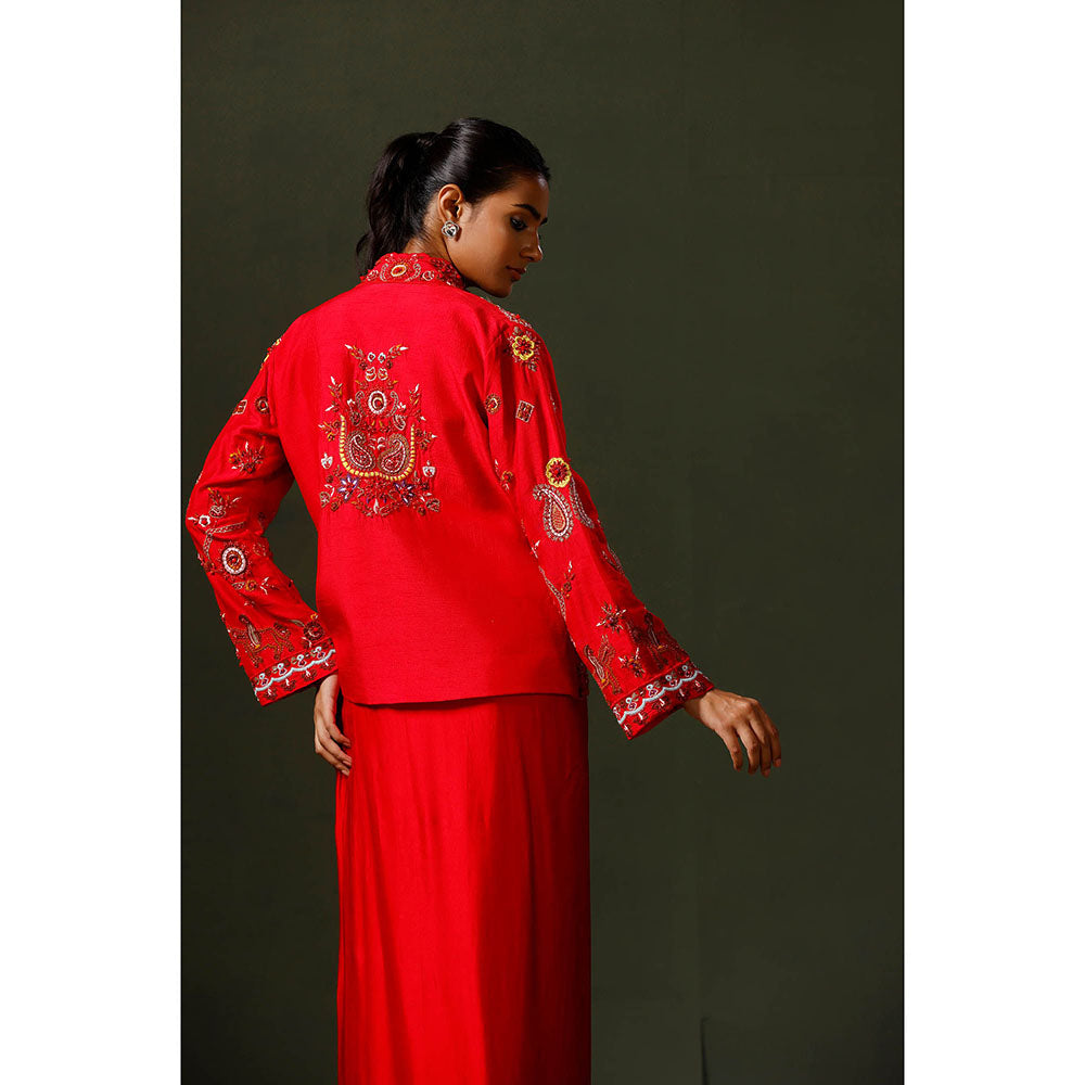 "Two Sisters" by Gyans Red Embroidered Jacket with Drape Skirt and Blouse (Set of 3)