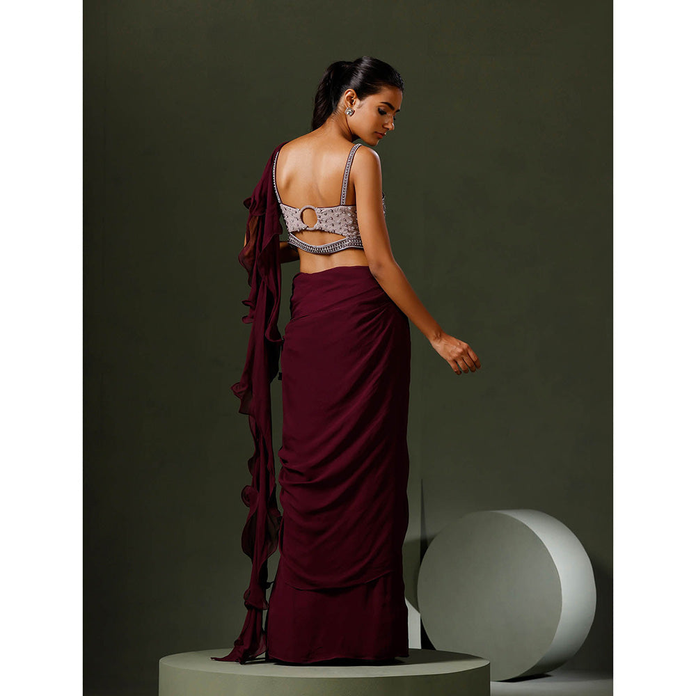 "Two Sisters" by Gyans Wine Pearl Draped Saree with Stitched Blouse