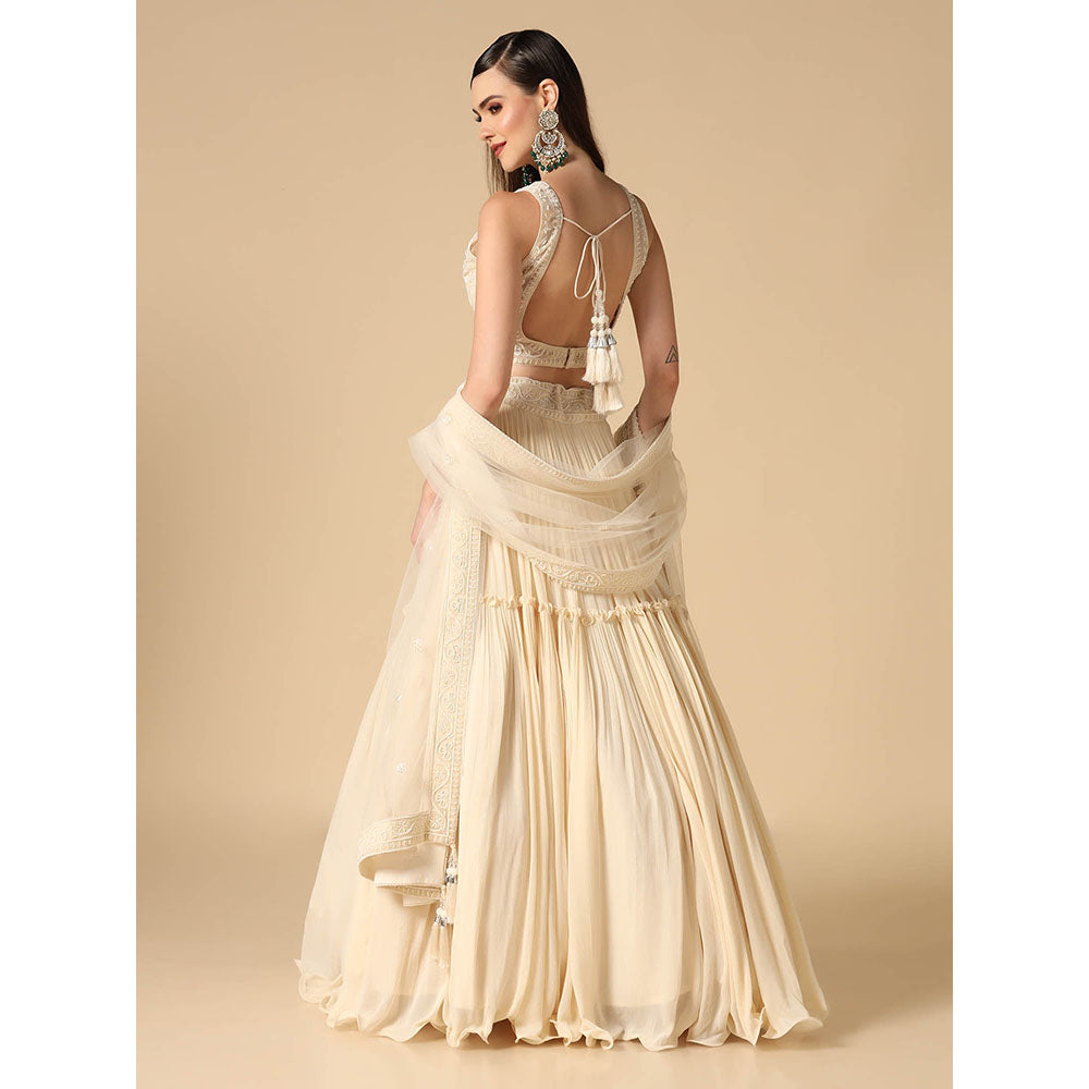 "Two Sisters" by Gyans Cream Pearl Hand Embroidered Lehenga with Blouse and Dupatta (Set of 3)