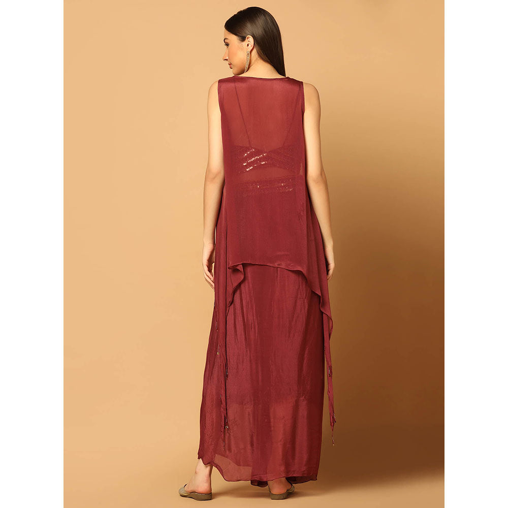 "Two Sisters" by Gyans Maroon Embroidered Cape with Lehenga and Bustier (Set of 3)
