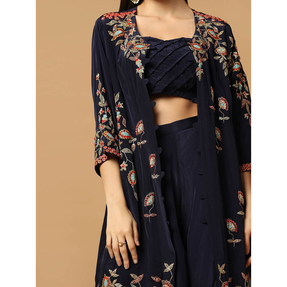 "Two Sisters" by Gyans Navy Blue Embroidered Jacket with Skirt and Bustier (Set of 3)