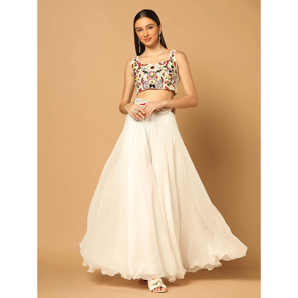 "Two Sisters" by Gyans White and Yellow Cape with Sharara and Crop Top (Set of 3)