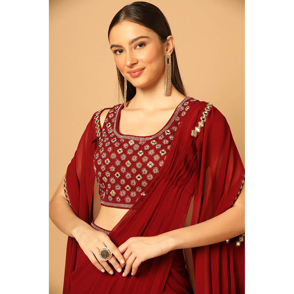 "Two Sisters" by Gyans Maroon Draped Saree with Stitched Blouse and Cape
