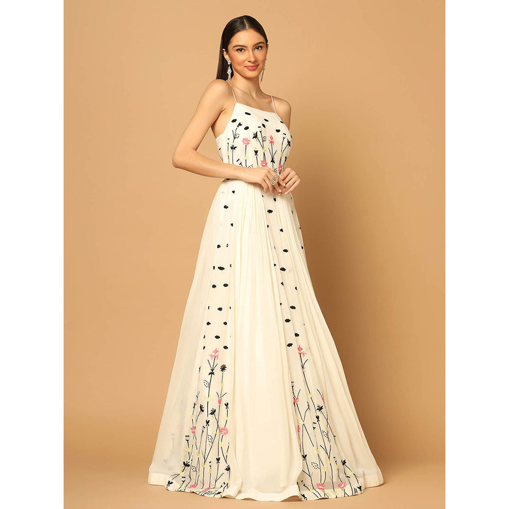 "Two Sisters" by Gyans White Gown with Floral Embroidery